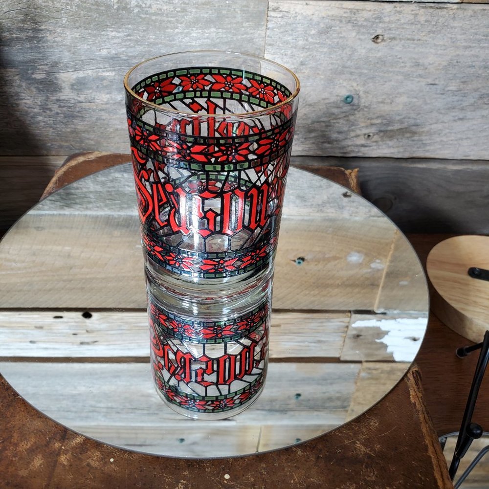 HOUZE GLASS COMPANY Stained Glass Seasons Greetings Old Fashioned Glass - Picture 2 of 5